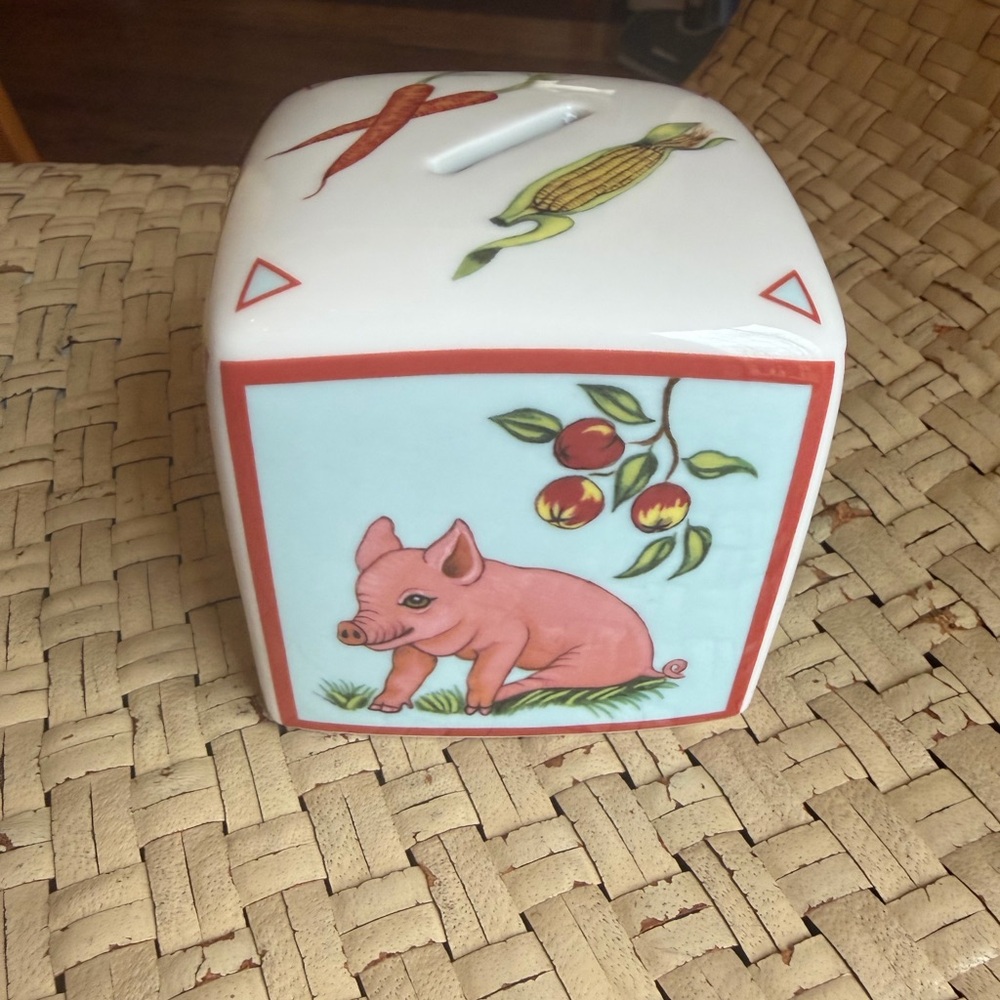 Lynn Chase barn dance Square coin bank 1997 design, pig, donkey, cow, rooster